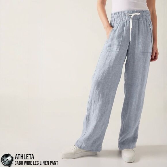 ATHLETA CABO LINEN WIDE LEG PANTS IN CHAMBRAY BLUE WOMEN 12/LARGE TRAVEL CASUAL - Picture 1 of 13